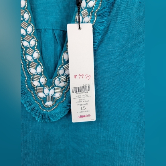 Chico's Women's Ecru 100% Linen Embellished Cap Sleeve Dress Sz 10 - Picture 10 of 15